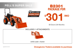 Kubota B2301 tractor package with LA435 loader and bucket for $301 per month at Pell’s