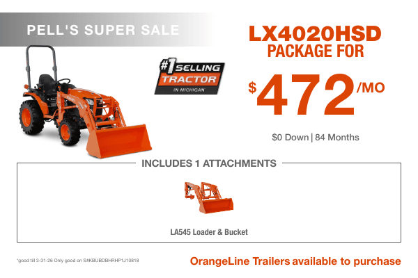 Kubota LX4020HSD tractor package with LA545 loader and bucket for $472 per month at Pell’s