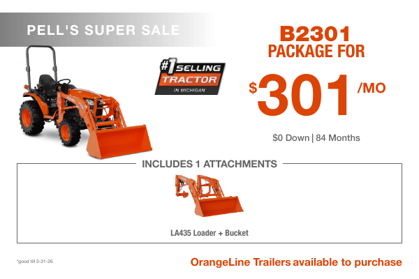 Kubota B2301 tractor package with LA435 loader and bucket for $301 per month at Pell’s